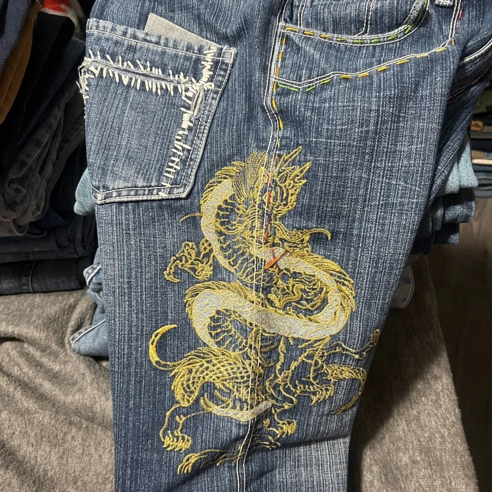 Maker Net Dragon Embroidered Wide Leg Skater Jeans Blue Denim 32x30 Y2K Baggy